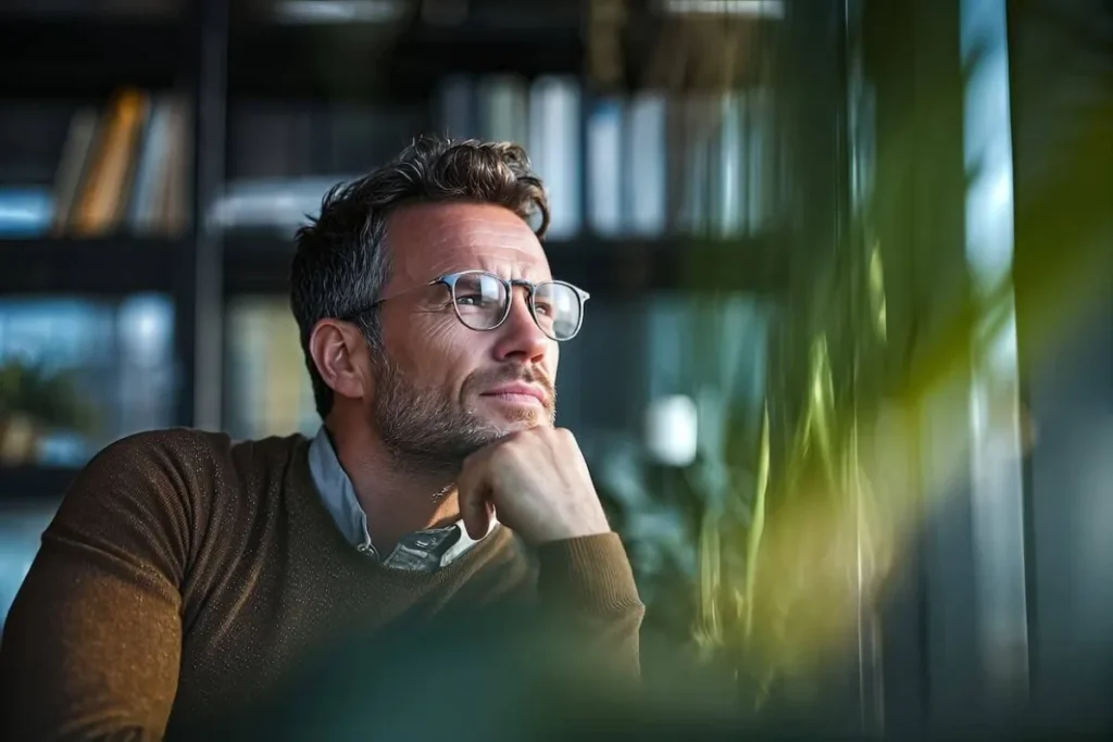 A man in glasses looking outside a window in thought