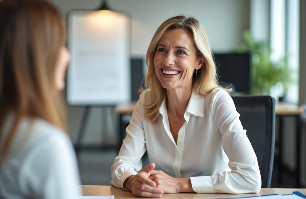 Happy blonde hr manager smiles at job applicant during interview at workplace. Executive women discuss project in corporate office recruiting employee or business consultation.