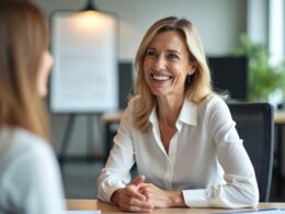 Happy blonde hr manager smiles at job applicant during interview at workplace. Executive women discuss project in corporate office recruiting employee or business consultation.