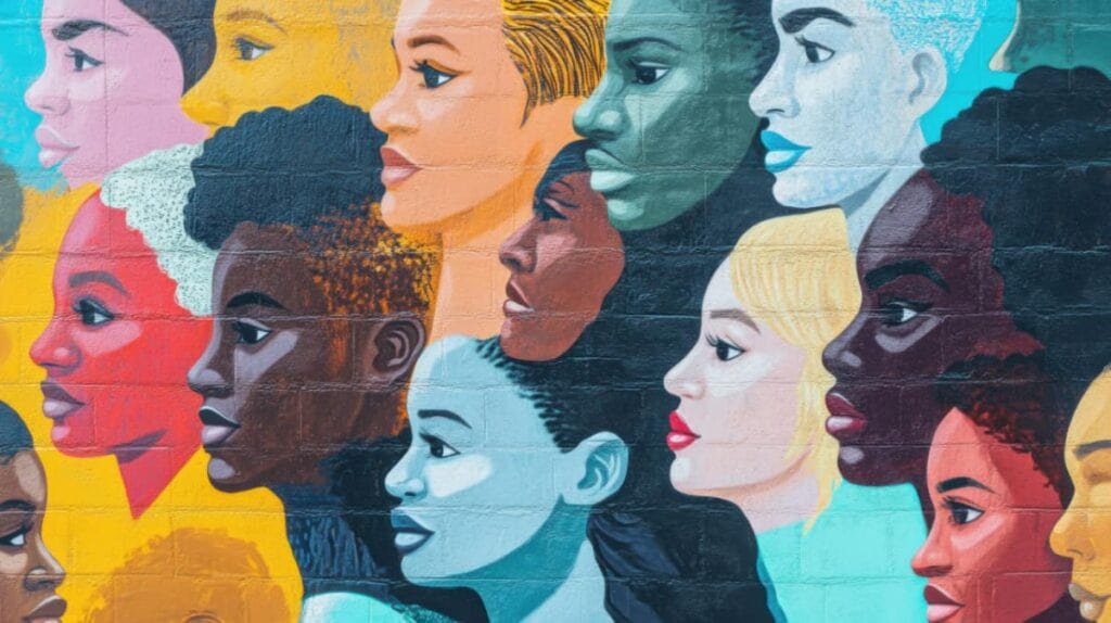 An evocative portrayal of racial equality with a mural showing faces of different ethnic backgrounds merging into one, symbolizing shared identity and respect, minimalist composition