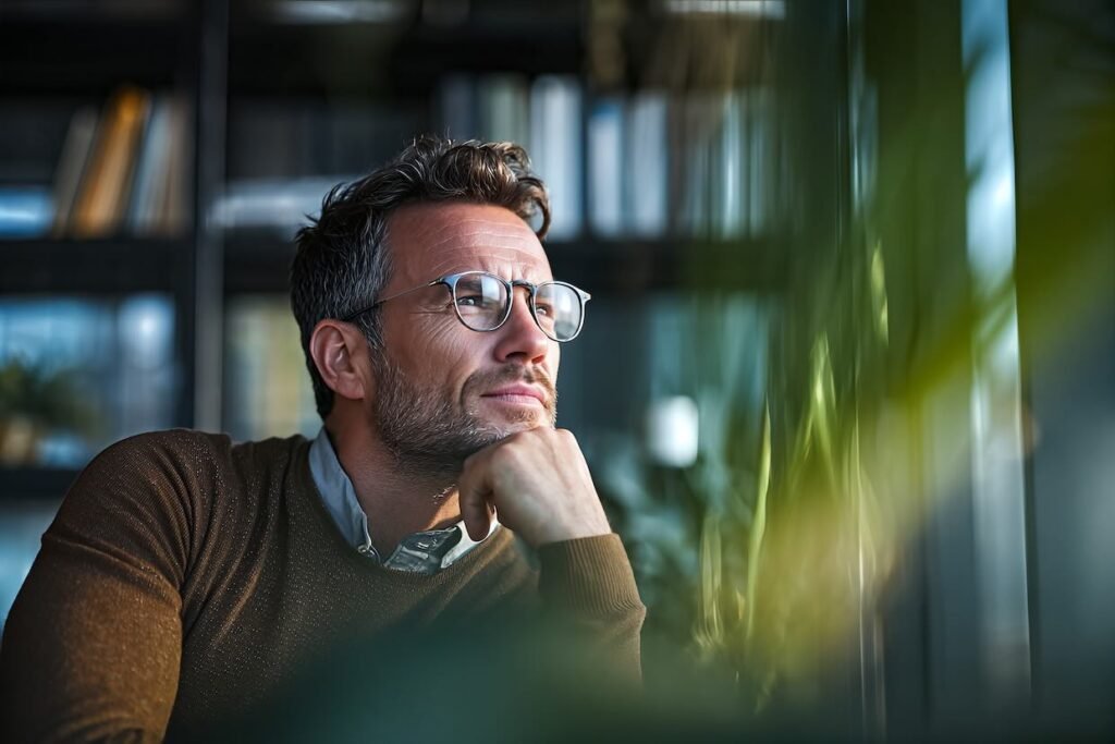 A man in glasses looking outside a window in thought