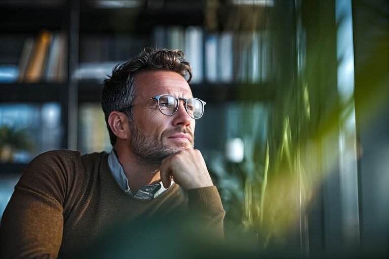 A man in glasses looking outside a window in thought